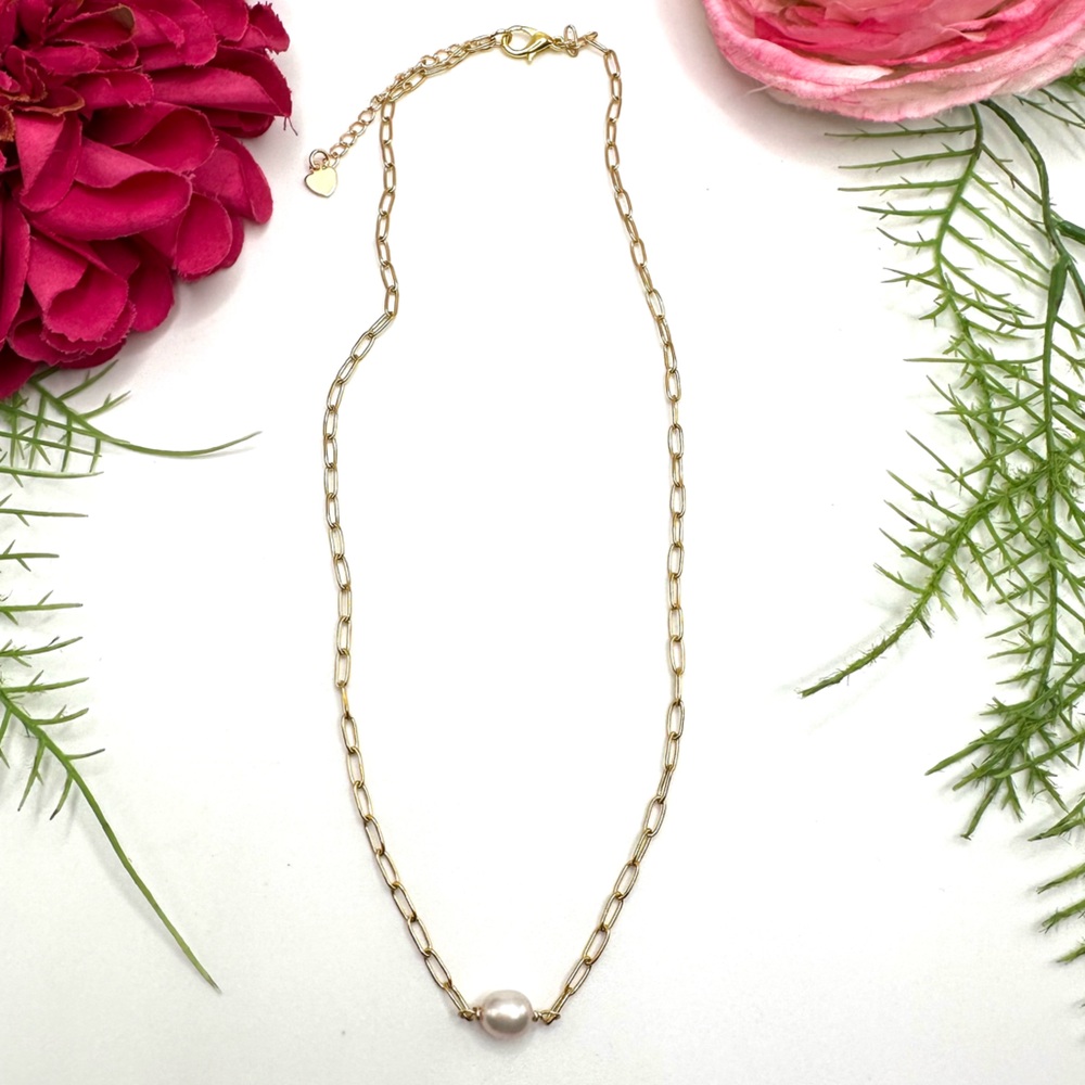 NEW⚜️”Rosa” 14K Freshwater Pearl Paperclip Chain Necklace